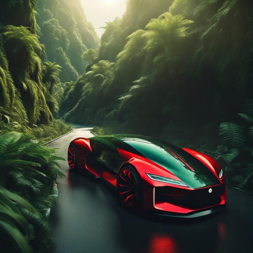 Futuristic Car on Jungle Road, Photorealistic Digital Painti...