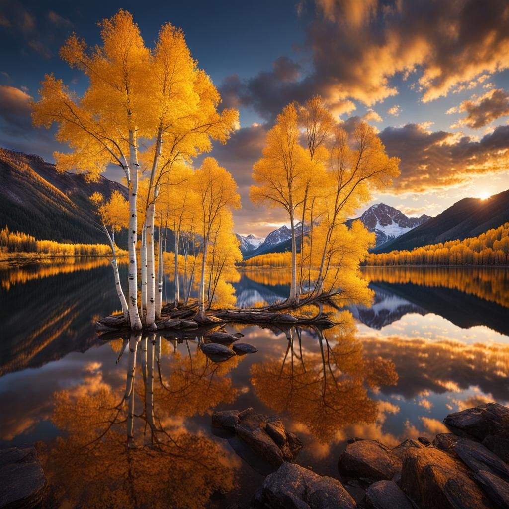 Aspen Trees Sunrise Over Lake Photograph