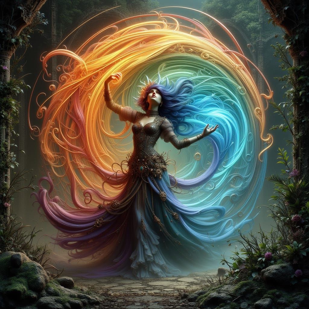 Sorceress Conjuring Magic in Vivid Ruin