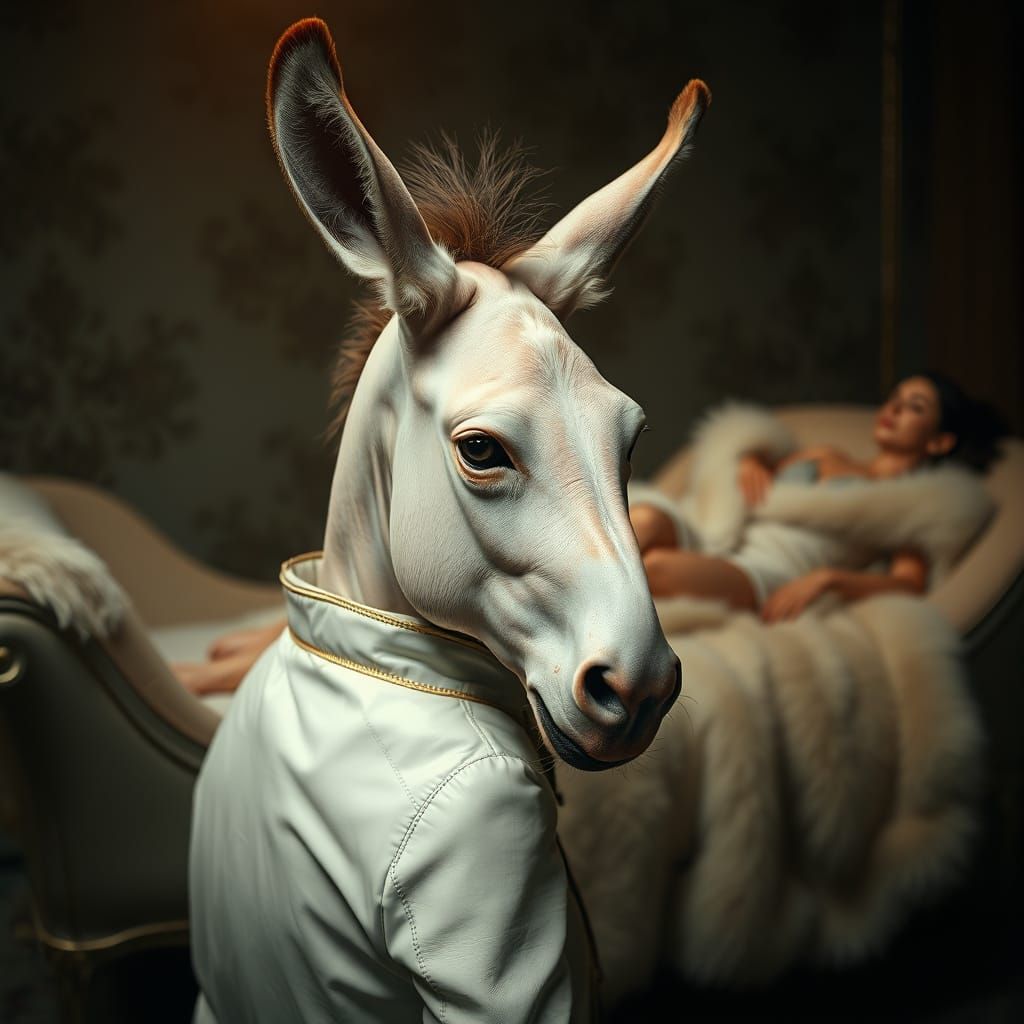 Surreal Pink Donkey Exudes Moody Elegance in Dreamlike Scene
