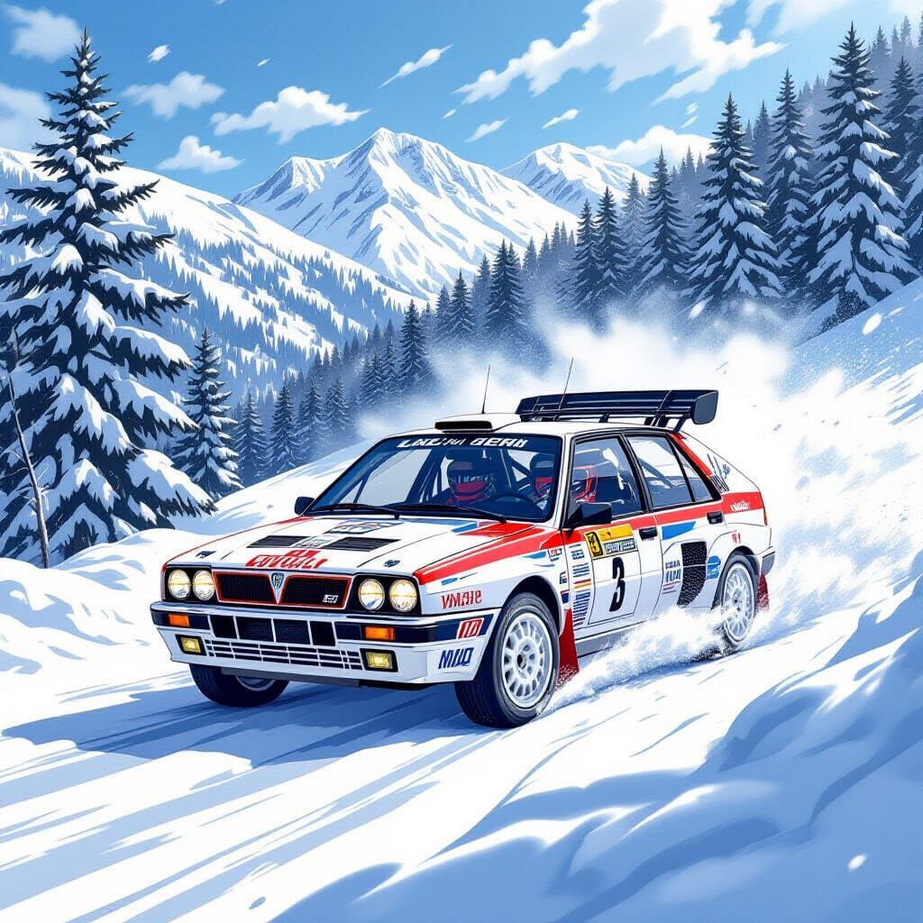Lancia Delta Integrale Rallying in Snowy Alps, Anime Style