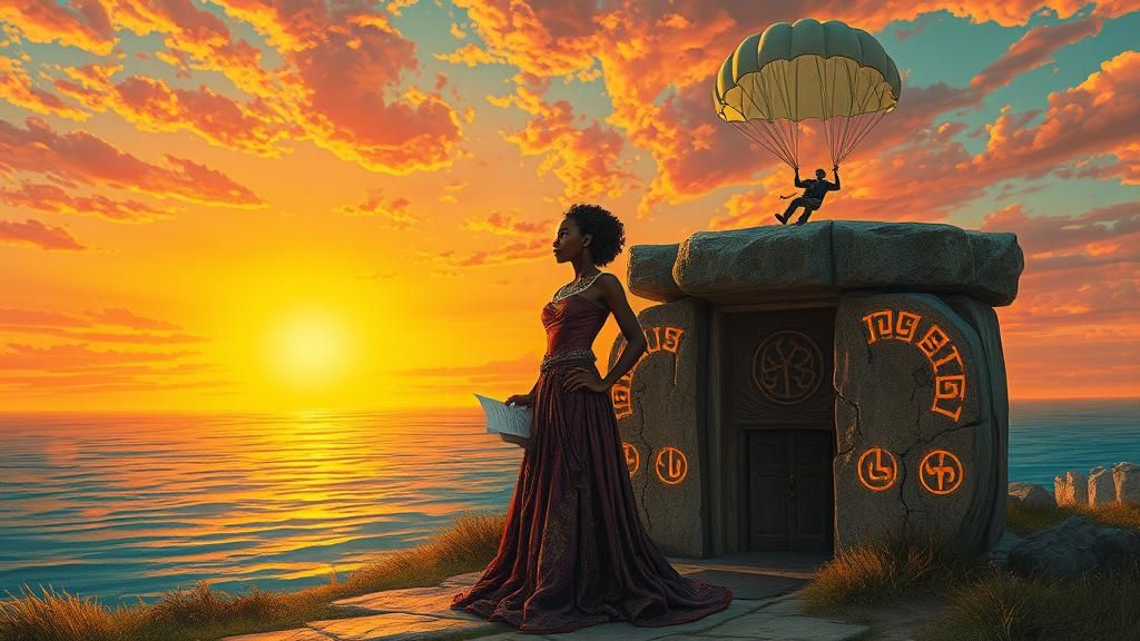 Surreal Scene: Woman, Dolmen, and Parachuting Boss