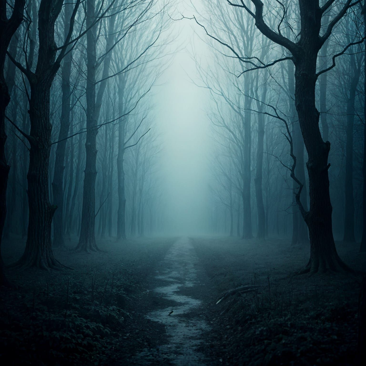 Sinister Foggy Forest Path in Hyperrealism