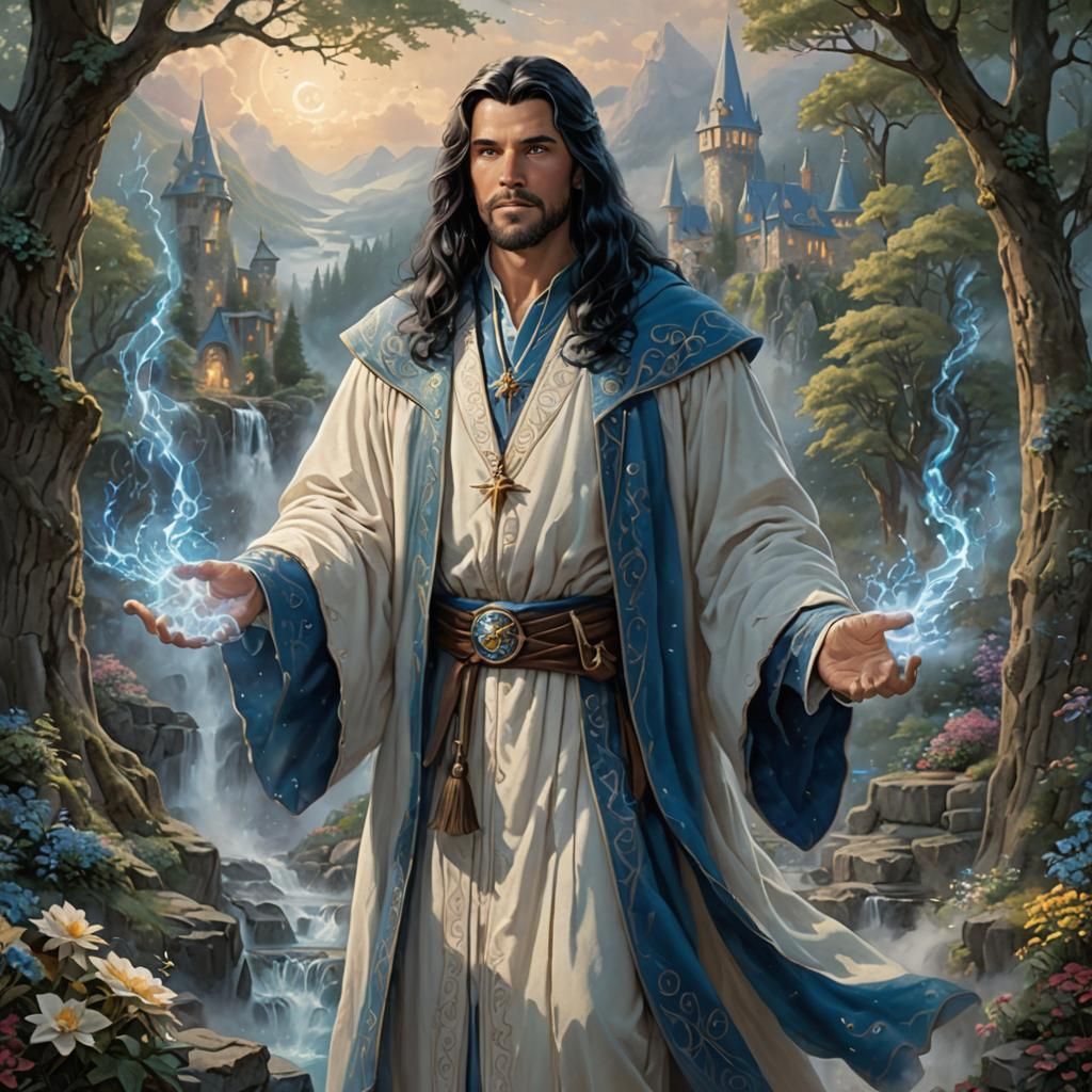 Human male ice wizard. Long black hair and blue eyes. Wears ...
