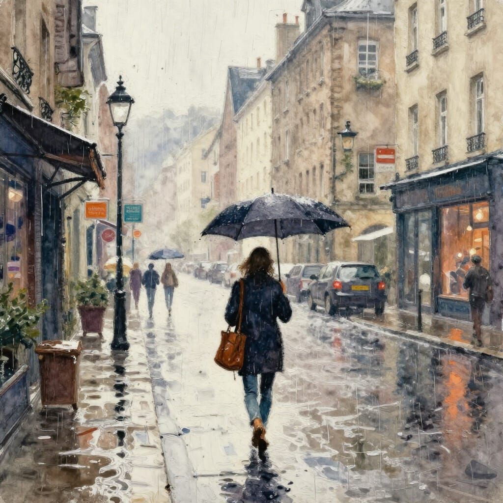 Whimsical Urban Rain Scene in Gouache and Watercolor Style