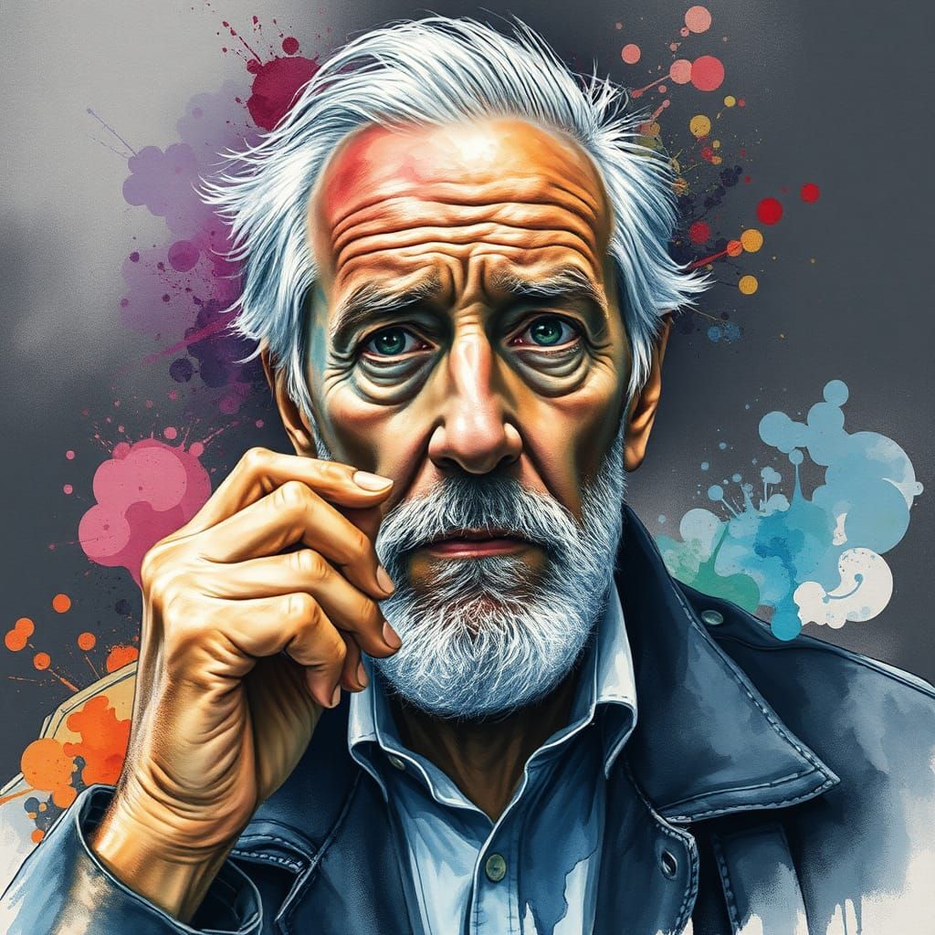 Emotional Ink Portrait of Pondering Man in Watercolor Style