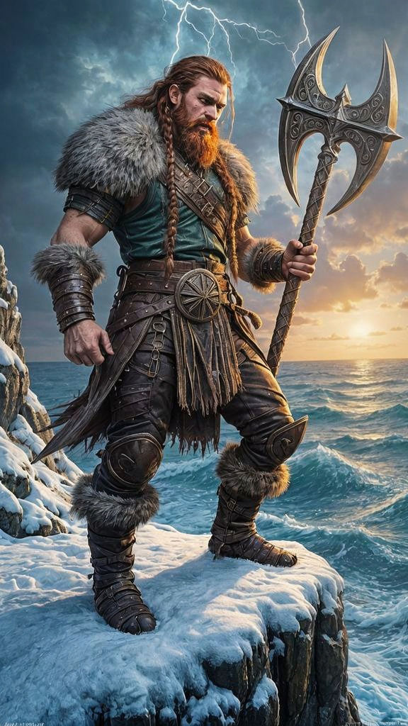 Northern Warrior Stands Tall in Stormy Seascape, Wielding El...