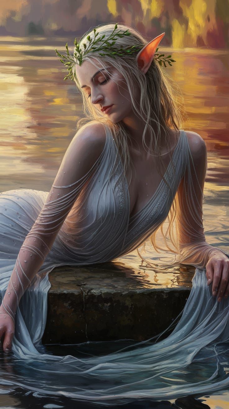 Elven Woman Reclining on Water in Neo-Impressionist Style