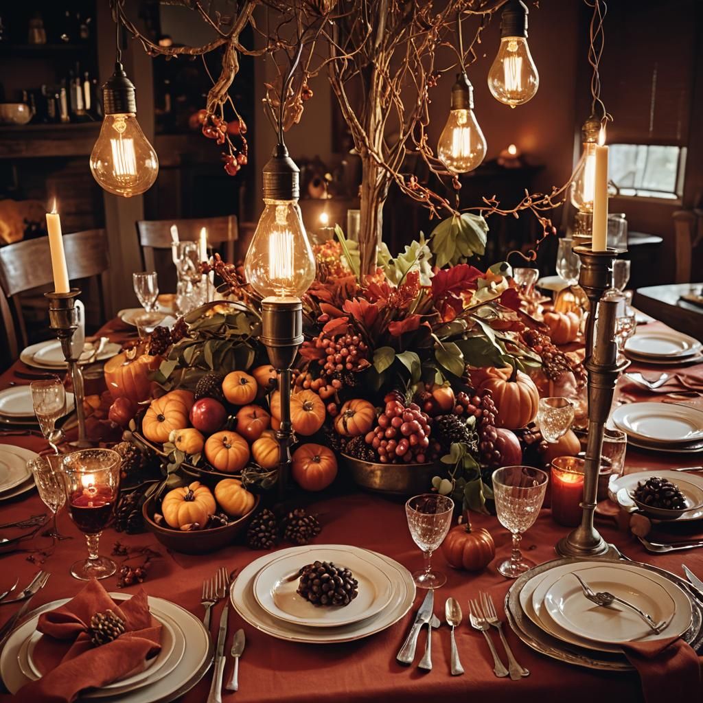 Thanksgiving Table Lit by Edison Bulbs