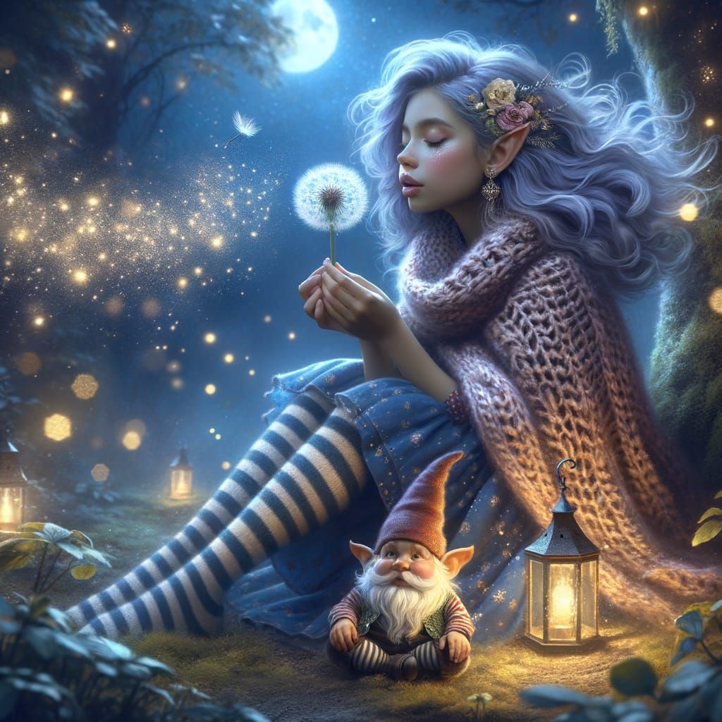 Fairy Girl and Gnome in Moonlit Enchanted Forest
