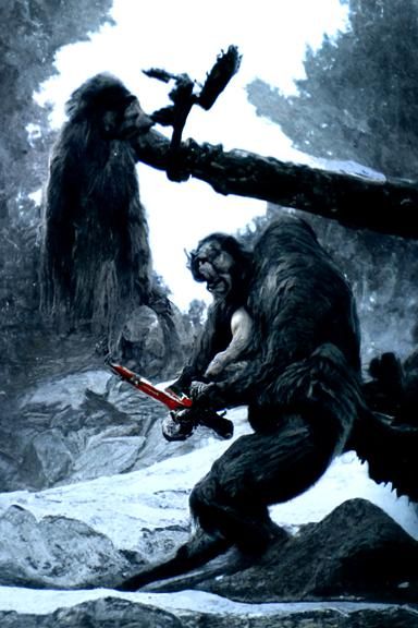 Warrior Ape Sharpening Axe in Horror Art Style