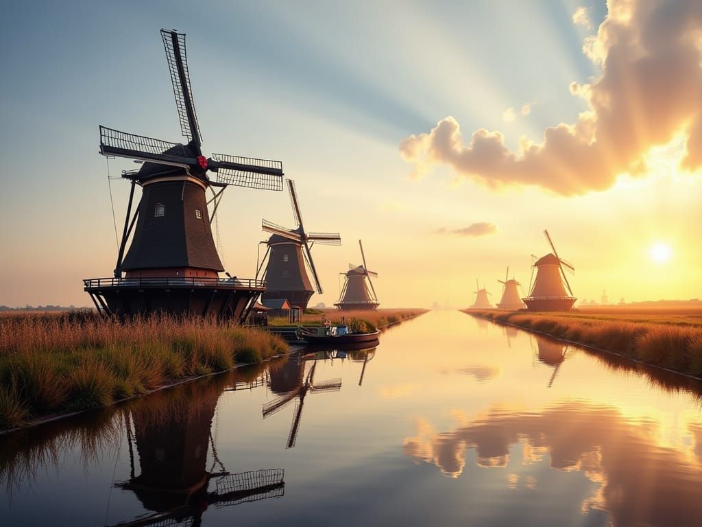 Serene Dutch Windmills Bathed in Warm Sunlight