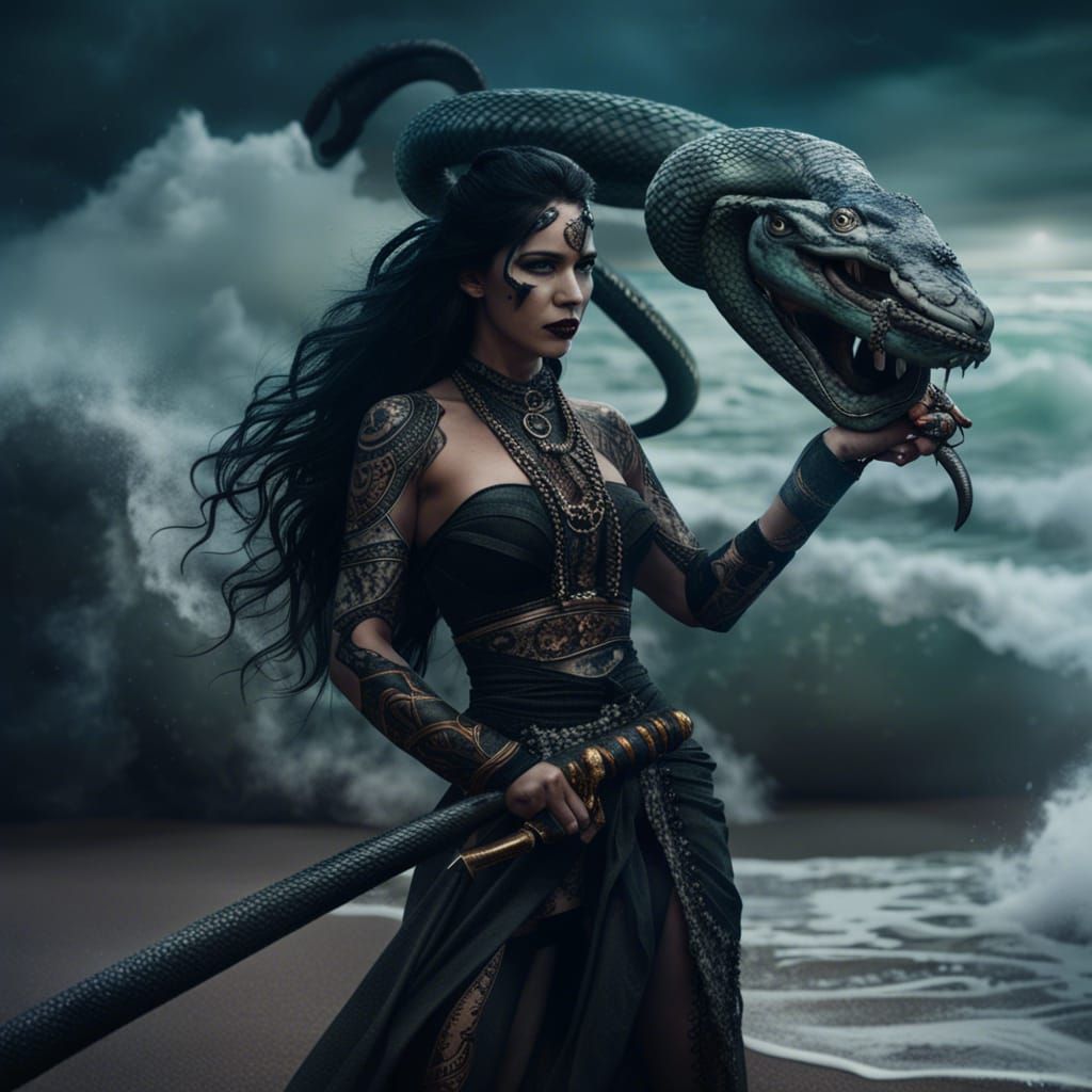 Gothic Naga Woman with Swords on a Beach