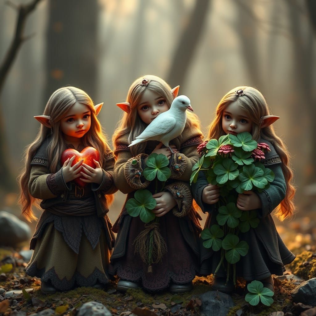 Whimsical Dwarven Women in Earthy Attire Amidst Enchanted Fo...