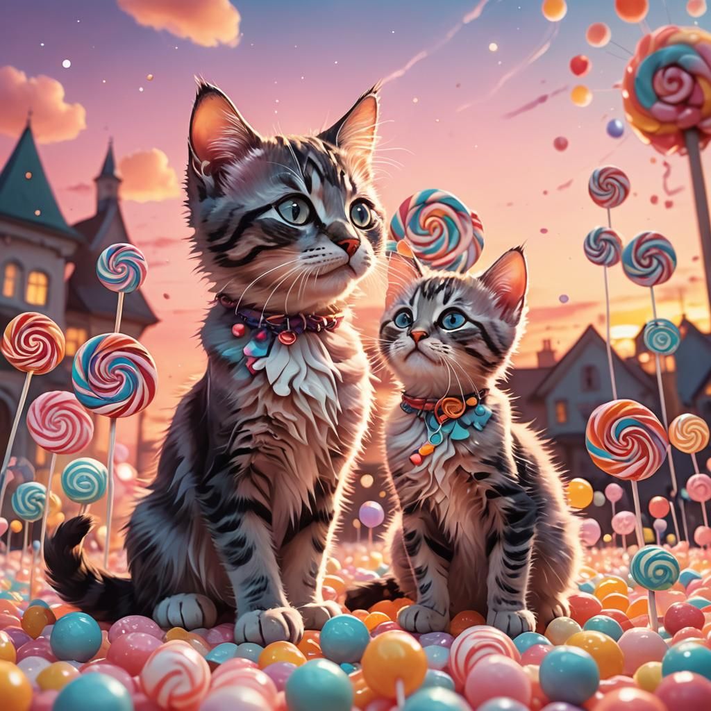 Candy Land Cat and Kitten Digital Illustration