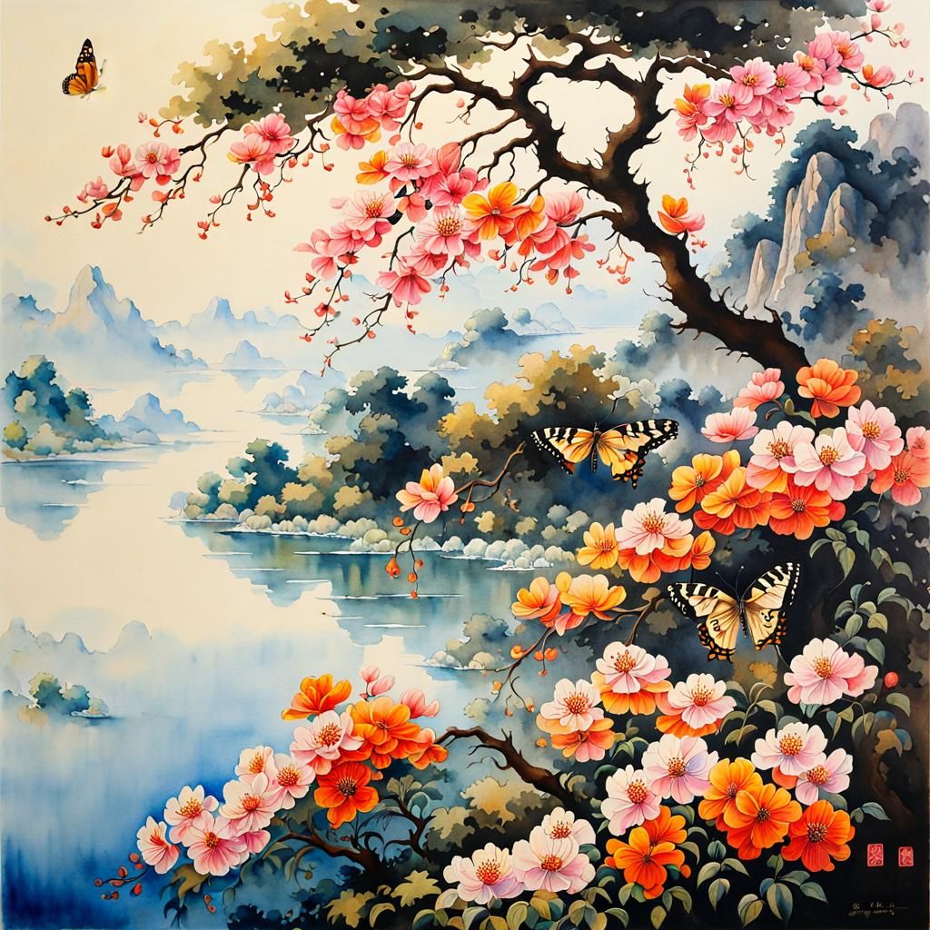 Watercolor Butterflies by Tree in Ink Landscape