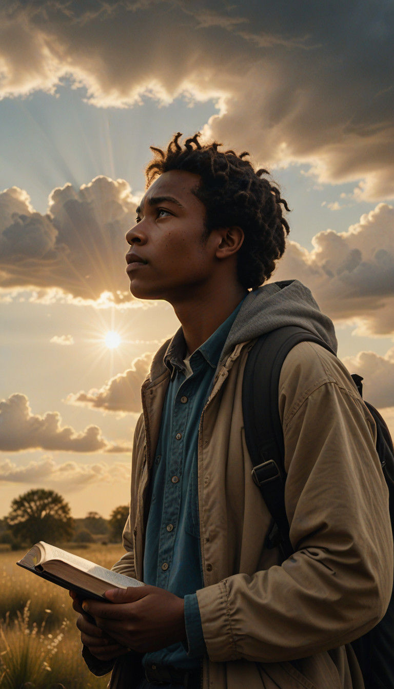 Young Brown-Skinned Soul Connects with Divine in Warm Golden...