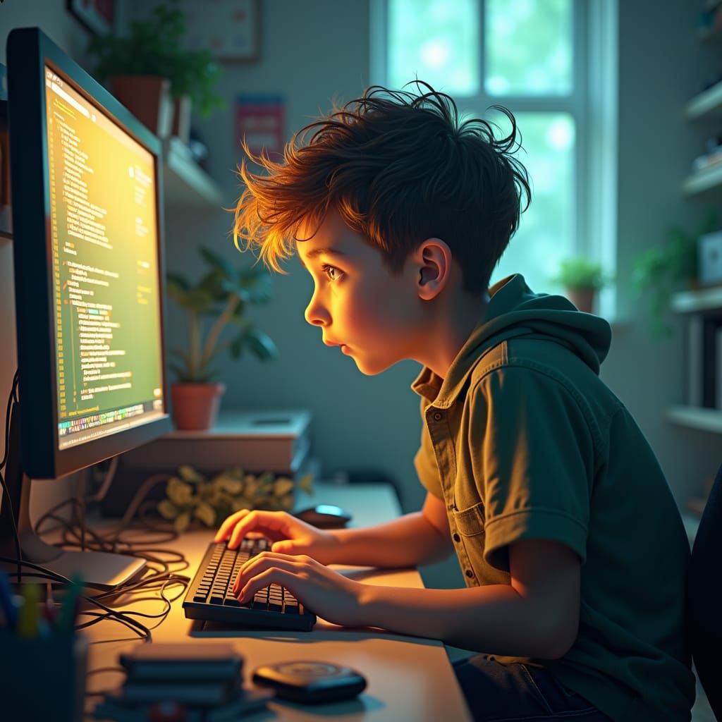 Excited Boy Programmer in Futuristic Digital Art Style