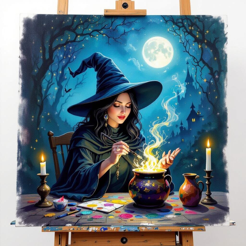 Exquisite Witch in a Magical Painting Studio