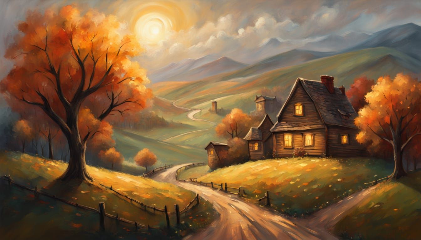 Whimsical Village Scene in Folk Art Style