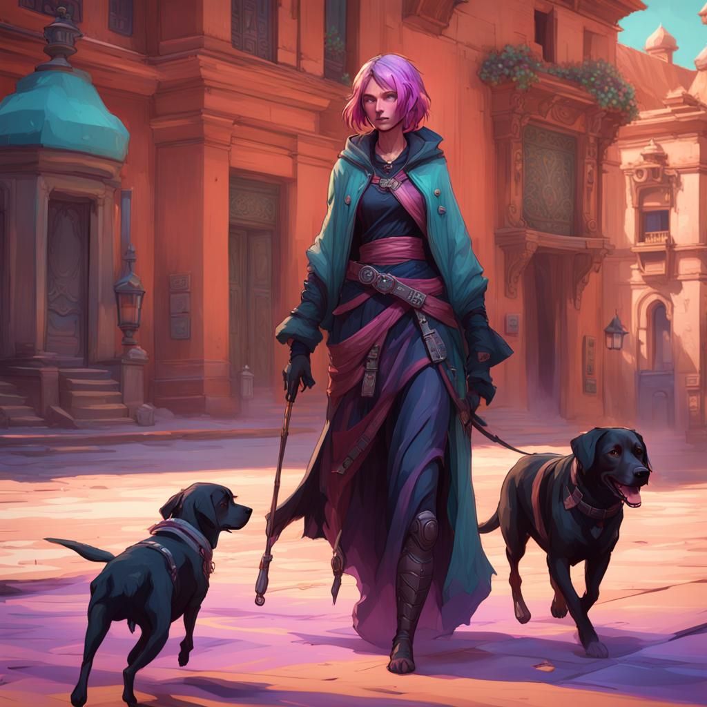Pink Haired Reaper and Dog, Alphonse Mucha Style