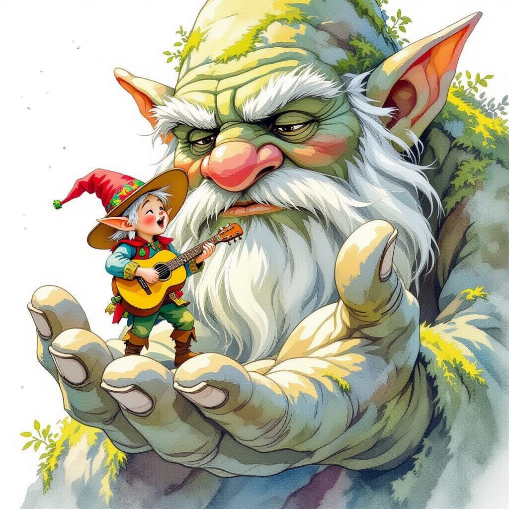 Elf Concert for a Stone Troll, Watercolor Style