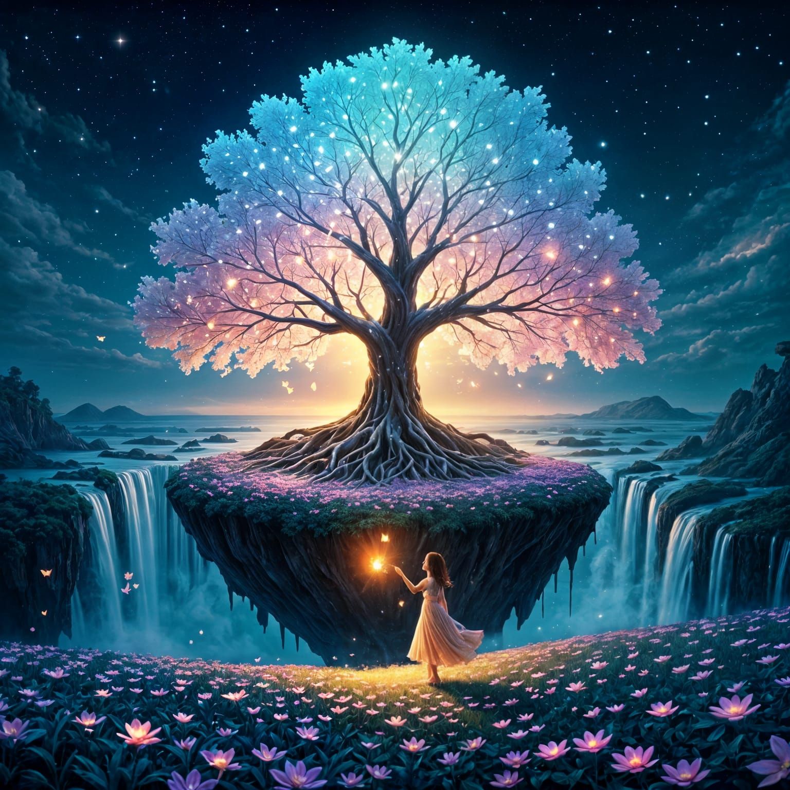 Luminous Crystal Tree on Floating Island with Girl Releasing...