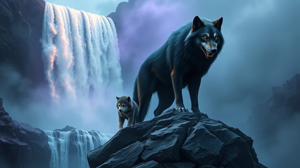Majestic Wolf Guardians of the Misty Waterfall