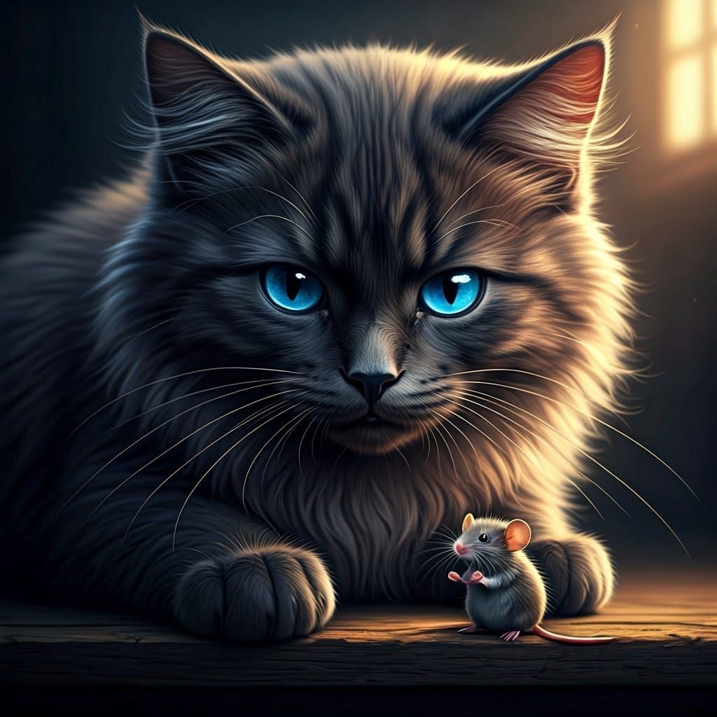 Condescending Black Cat with Mouse, Hyper-Realistic Ultra-HD