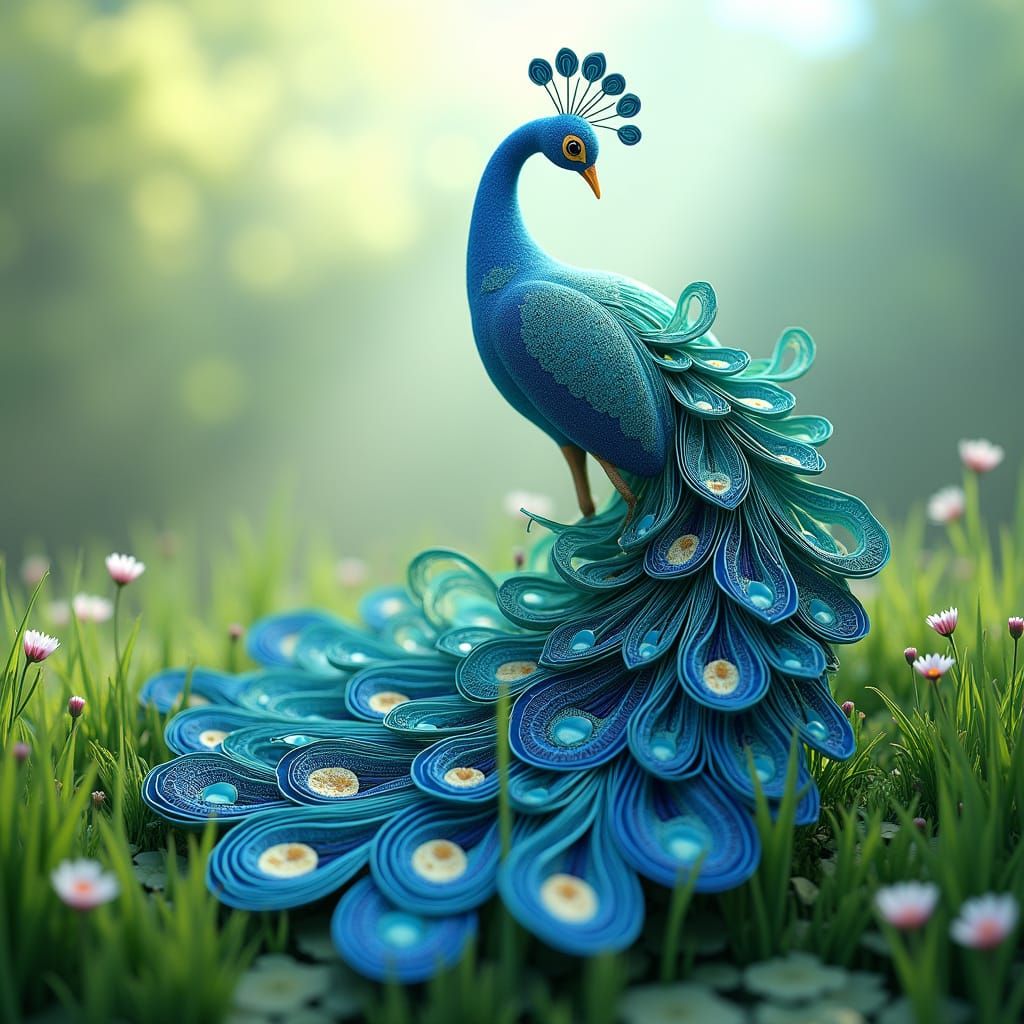 Surreal Water Peacock Adorns Vibrant Grass Scene