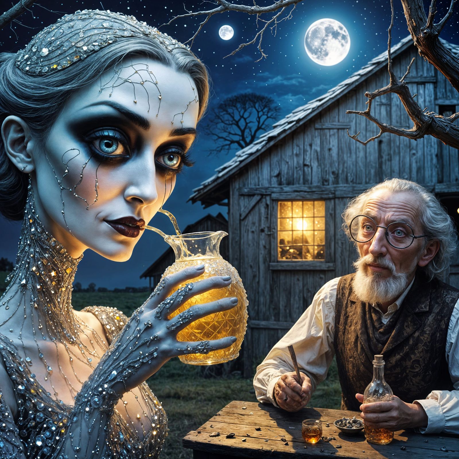 Crystal Lady Sips Moonshine by Barn