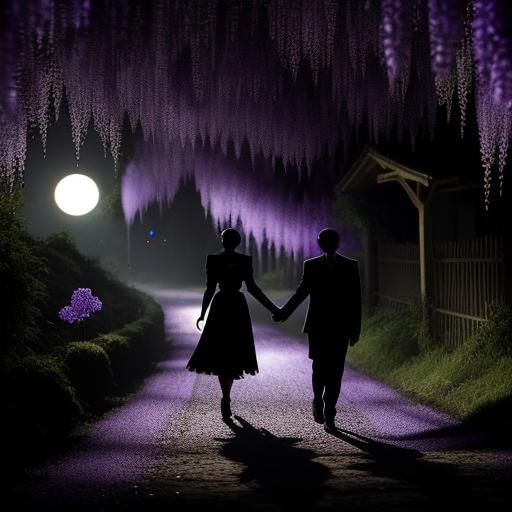 Couple Walking on Village Road Under Moonlit Shadows