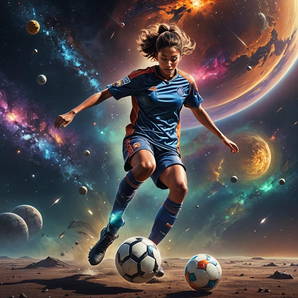 Woman Playing Soccer in Space: Digital Art
