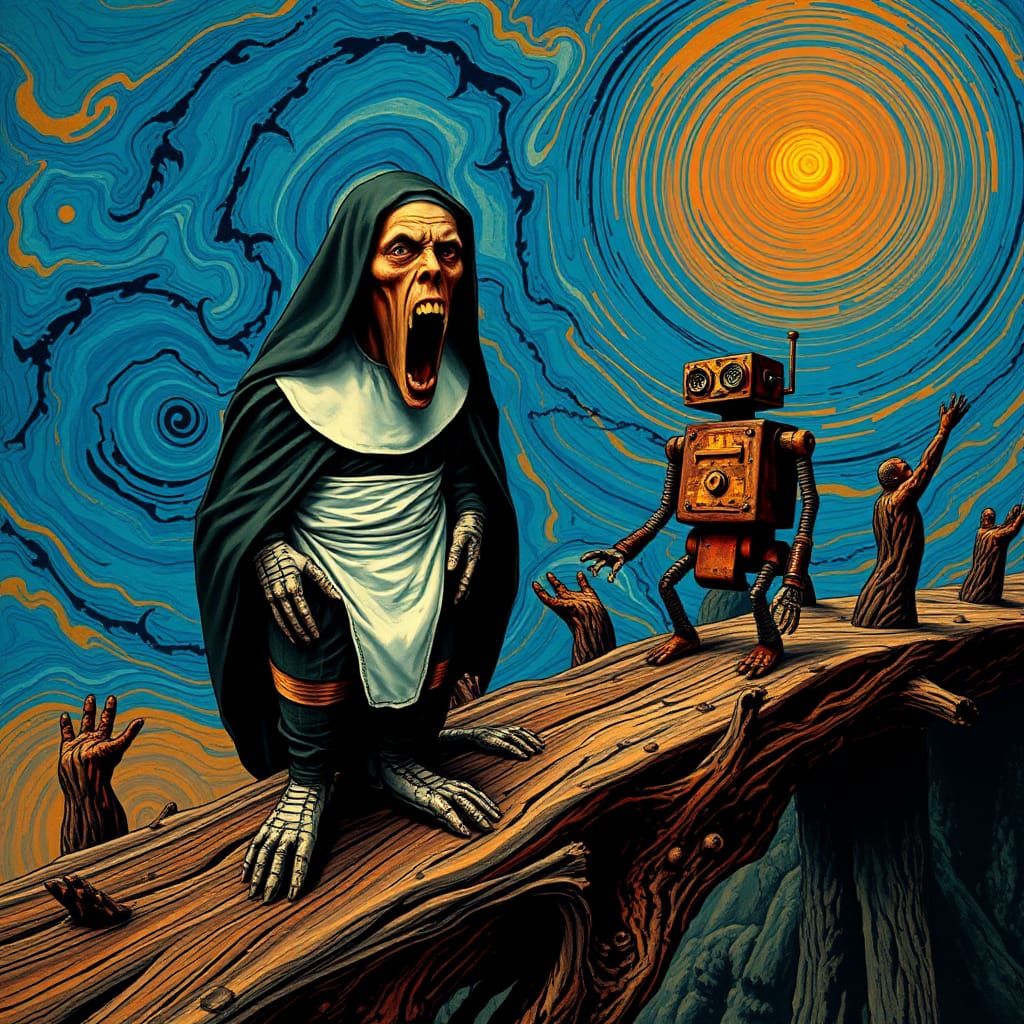 An intensely emotive anthropomorphic screaming  Nun   wearing a diaper, reminiscent of Edvard Munch's iconic The Scream,...