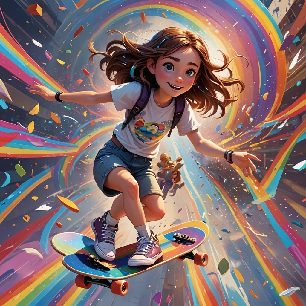 Rainbow Skateboarder: Vibrant 3D Disney-Style Concept Art