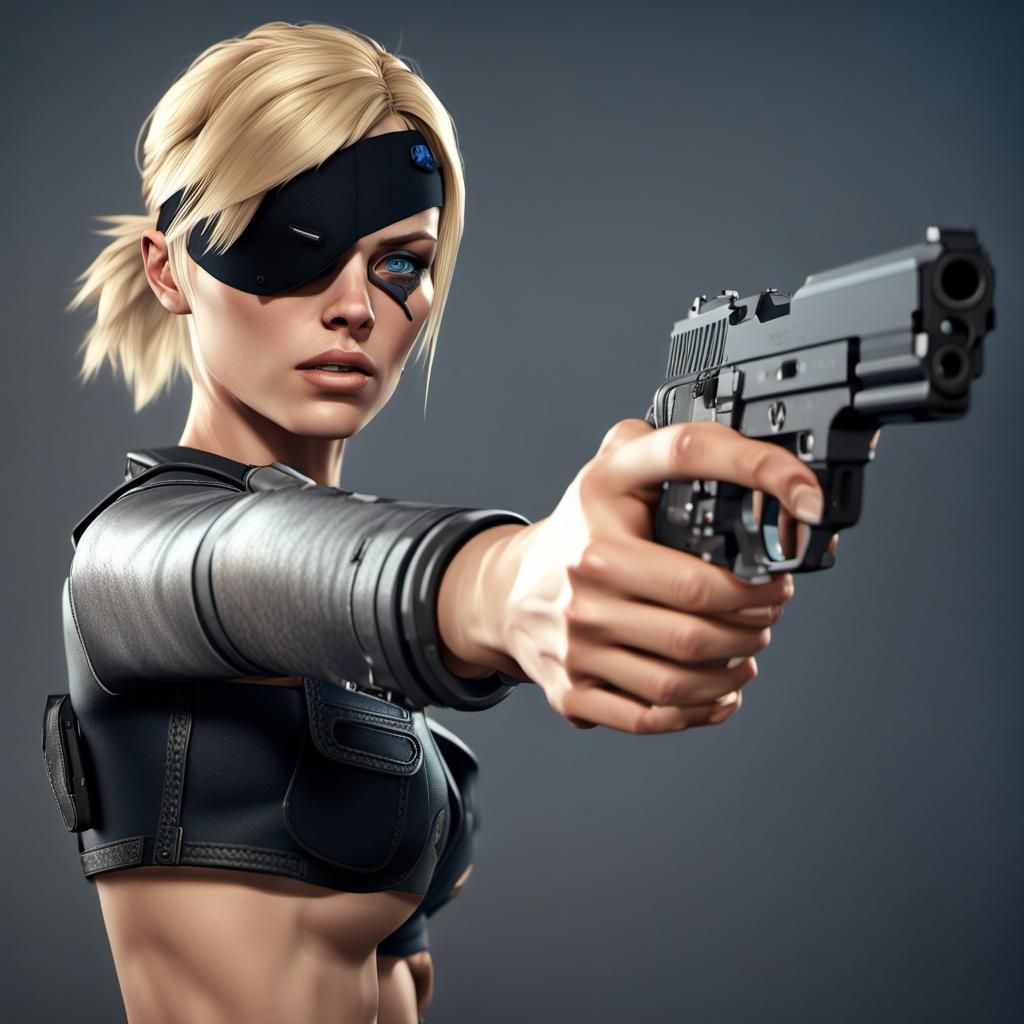 Blonde Woman with Eye Patch Reloading Pistol in 3D