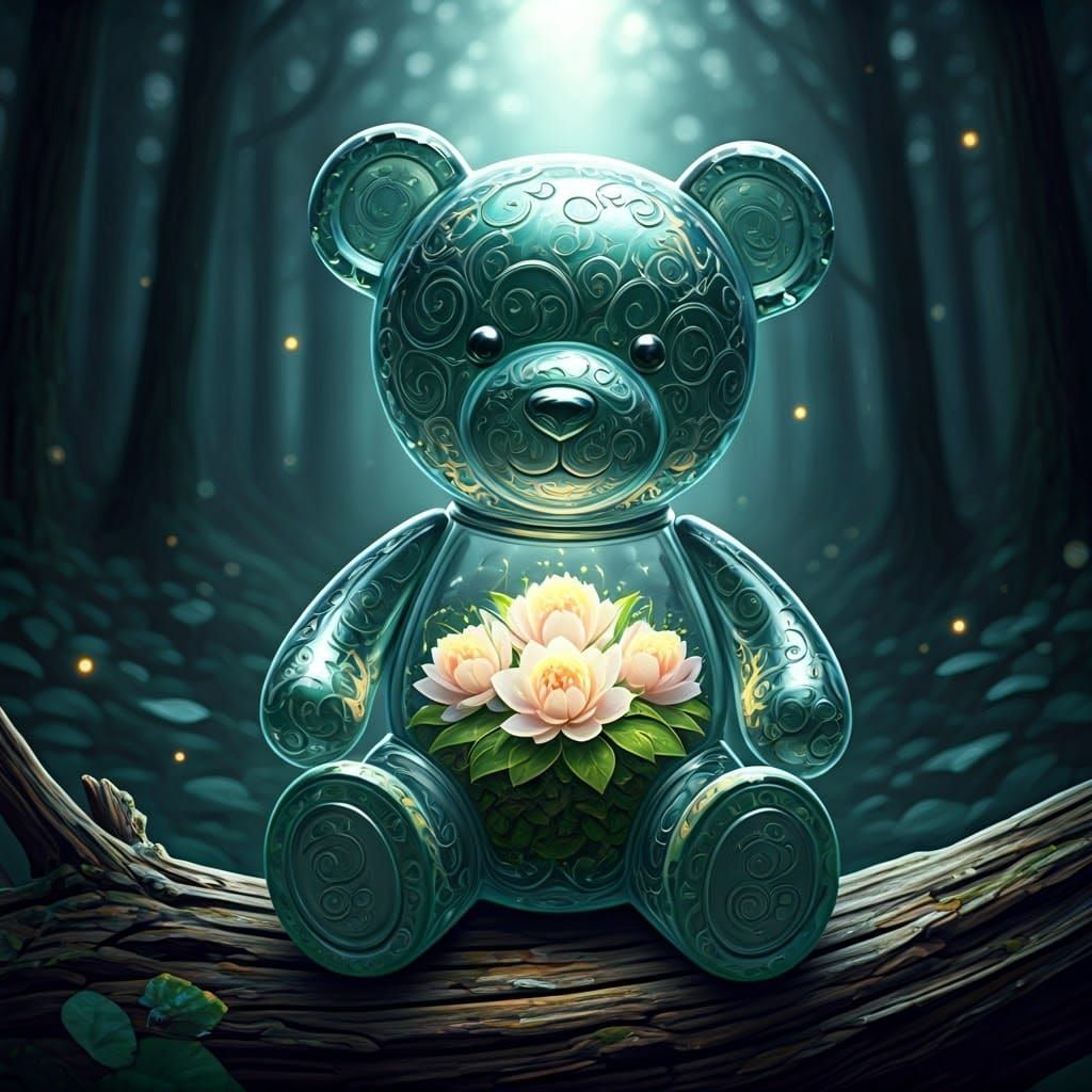 Bioluminescent Jade Teddy Bear in Moonlit Forest
