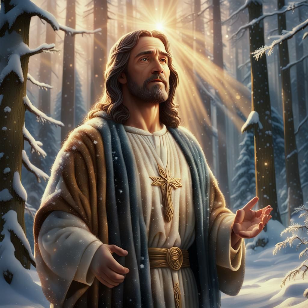 Jesus Christ in Snowy Forest, Kinkade Style