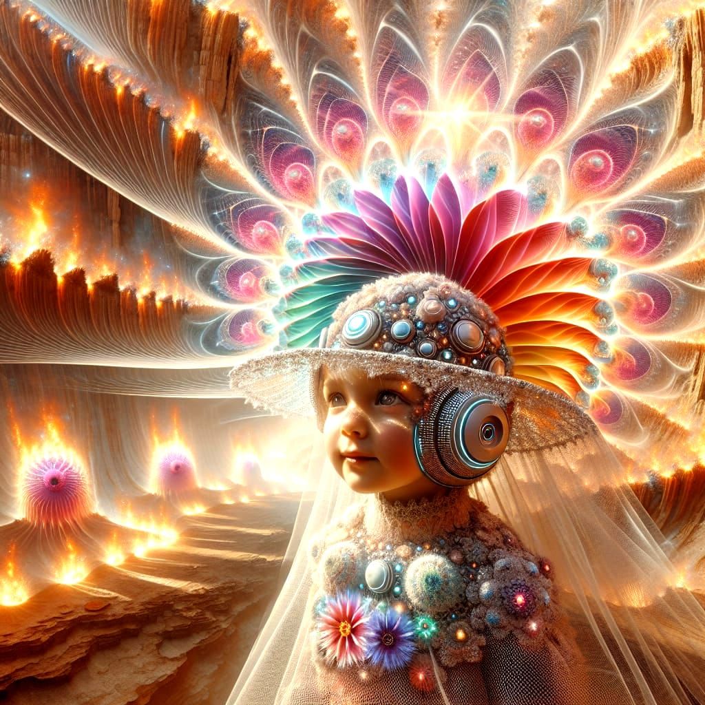 Ethereal Toddler in Fire Garden with Robot Hat