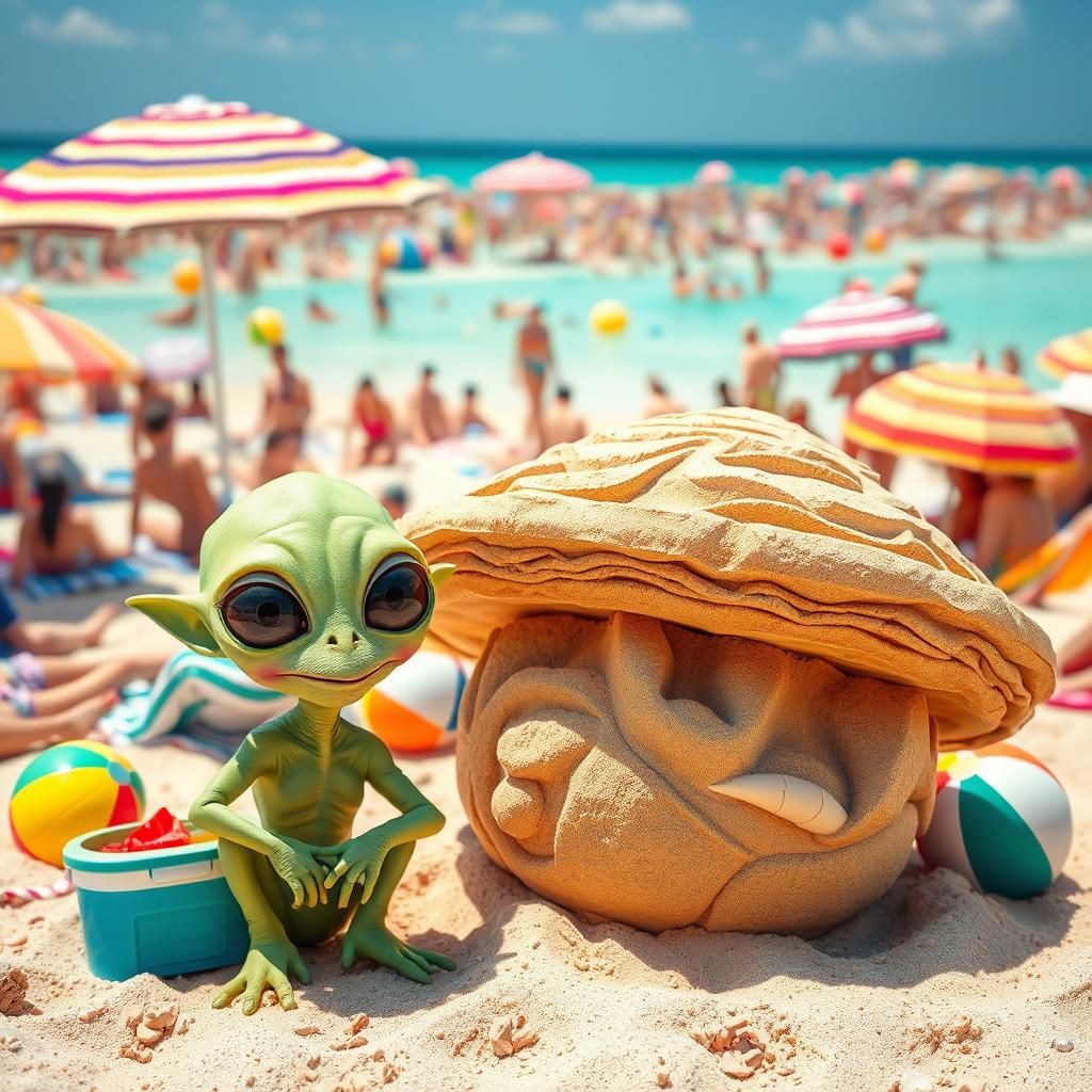 Alien on Beach with Sand Flying Saucer
