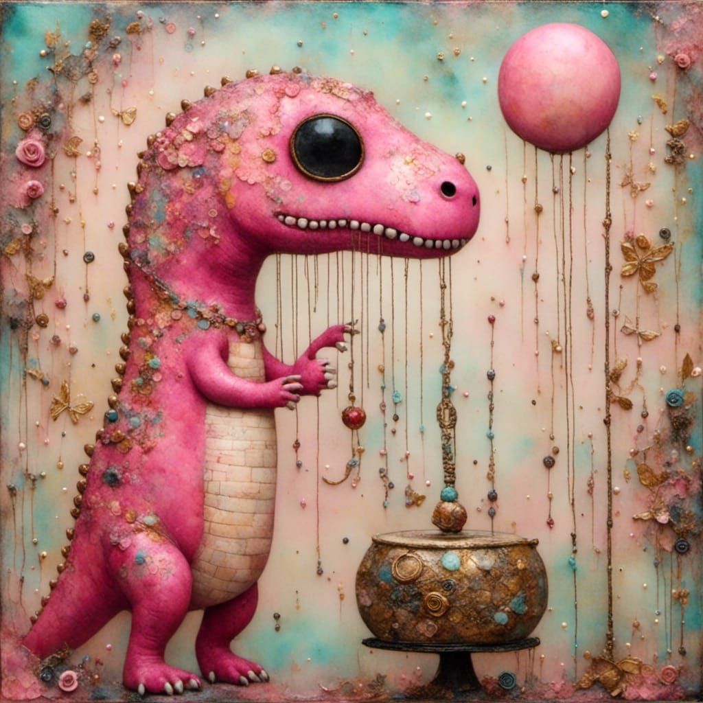 Encaustic Pink T-Rex Bangs a Gong