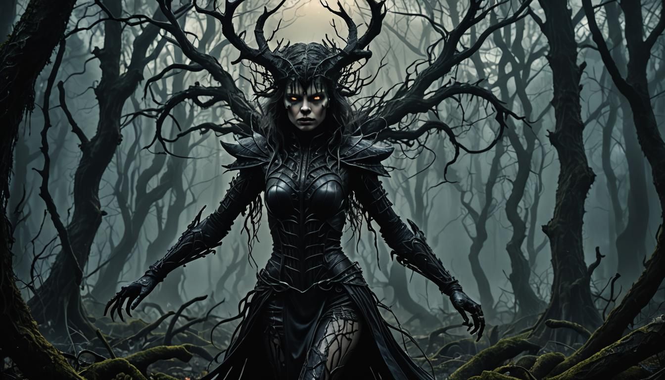 Heroine Battles Shadows in Dark Fantasy Forest