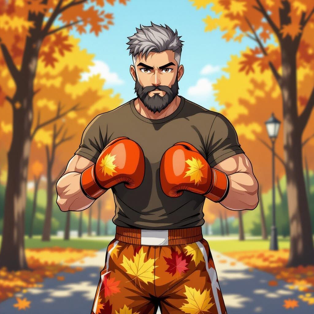 Anime Boxer Trains in Autumn Park