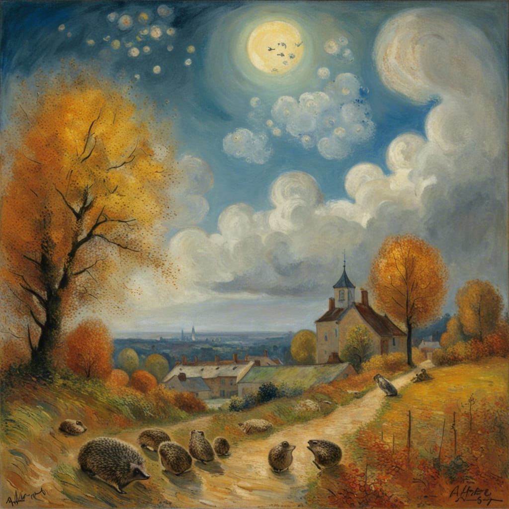 Autumn Sky, Hedgehog, and Frogs: Impressionistic Fantasy