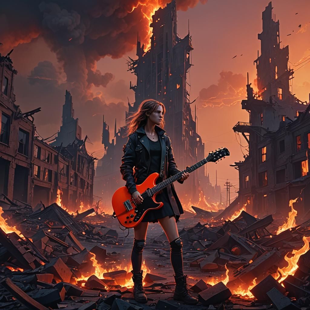 Apocalyptic Musician Plays Guitar in Ruined City