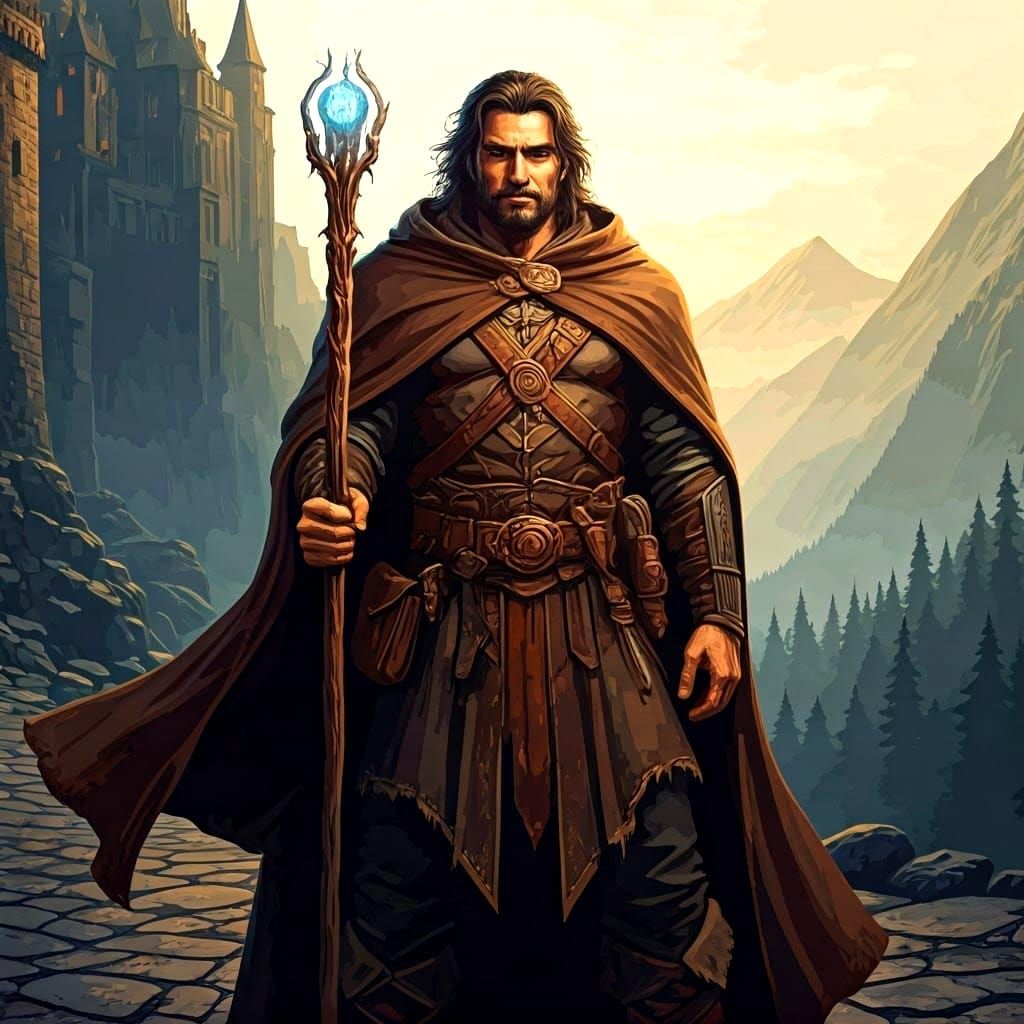 Mighty Wizard Stands Tall in Castle Courtyard