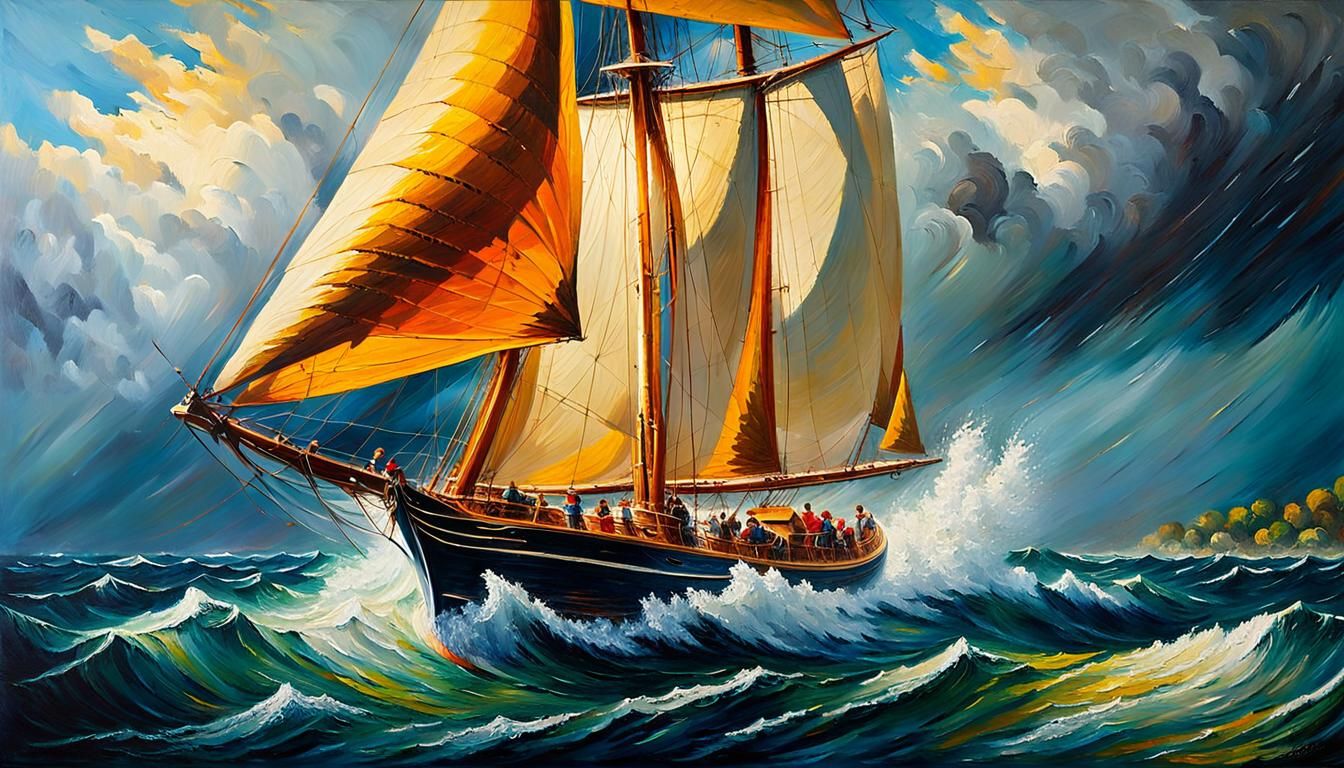 Caribbean Schooner in Stormy Seas: Impressionist Oil Paintin...