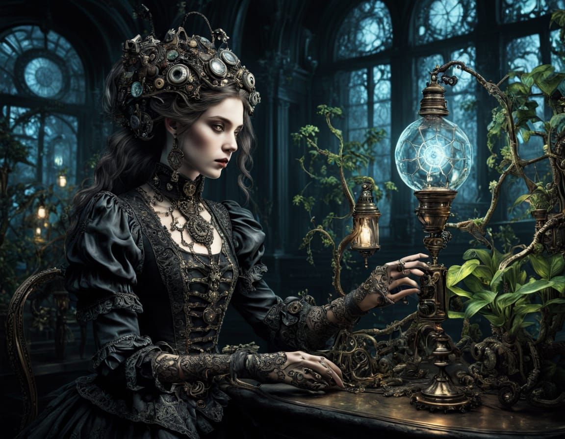 Aetherpunk Biopunk Scientist Tending Glowing Plants