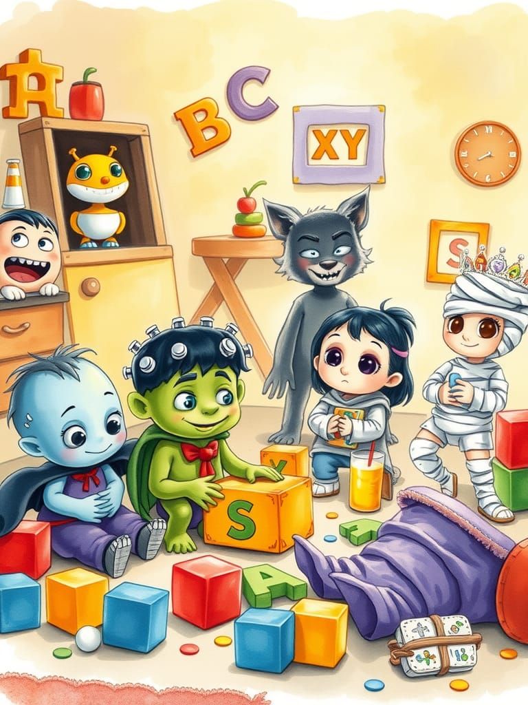 Adorable kindergarten chaos: Famous monsters as babies play together. Baby Dracula builds blocks, toddler Frankenstein's...