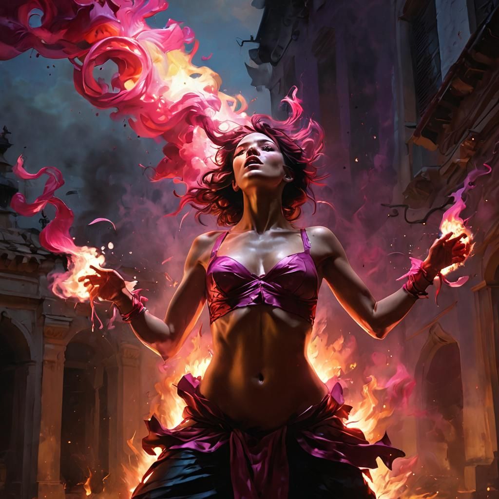 Fire Breather with Fuchsia Shadows in Dark Fantasy Art